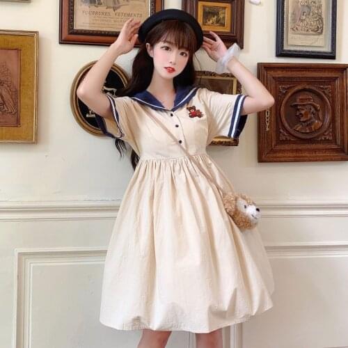 Dress 2021 New Sweet Cute Bear Embroidery Sailor Collar High Waist Loose and Slimming Student Short Sleeve Dress