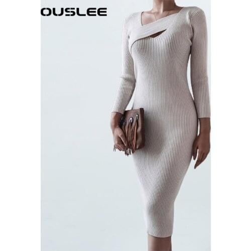 OUSLEE Slim Split Sweater Dress Women Long Sleeve V-neck Korean Style Elegant Knit Dresses 2021 Spring Sexy Basic Vestidos Mujer