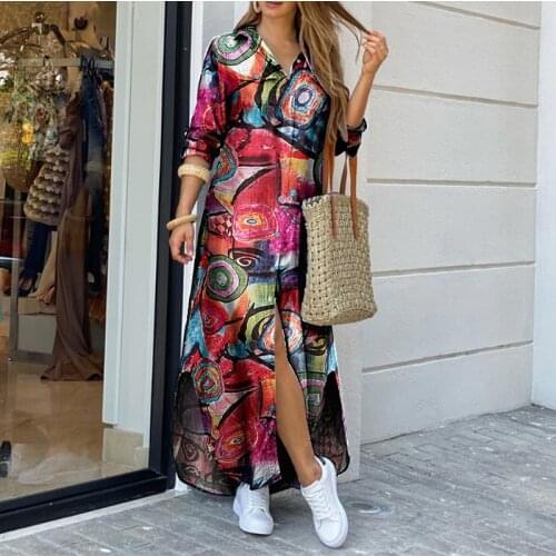 ZANZEA Women Maxi Long Dress 2021 Ladies Floral Print Vestidos Plus Size 5XL Autumn Lapel Sundress Casual Long Sleeve Robe Femme