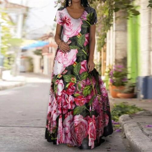 Summer Maxi Dress Women 2021 Floral Tie Dye Print Loose Long Dresses Robe Short Sleeve V Neck Sun Beach Dress Vestidos Plus Size
