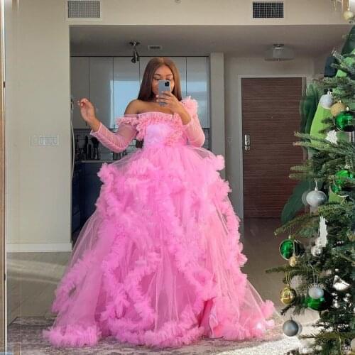 Puffy Pink Ruffles Evening Dress Tulle Robe Extra Puffy Prom Party Dresses Long Sleeve Illusion robe de fiesta