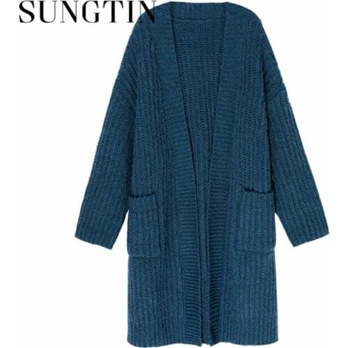 Sungtin Korea Causal Knitted Cardigan Women Long Oversized Vintage Solid Loose Female Sweater Coats Lazy Style Clothing 2021 New