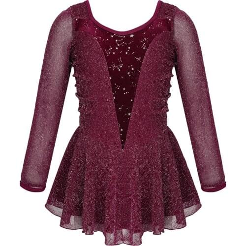Kids Girls Dancewear Shiny Stretchy Long Sleeves Silver Glitters Velvet Splice Figure Roller Skating Ballet Dance Leotard Dress