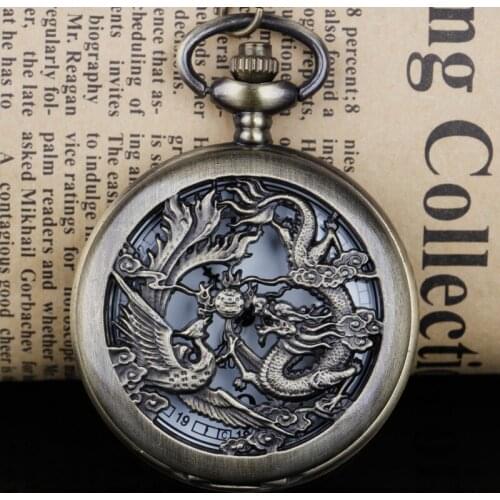 Vintage Bronze Engrave Chinese Style Dragon Design Quartz Pocket Watch With Necklace Chain Best Gift