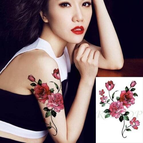 Waterproof Temporary Tattoo Sticker Pink Rose Flower Fake Tatto Flash Tatoo Back Leg Arm Body Art for Girl Women Men