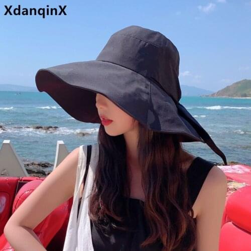XdanqinX 2021 Summer New Style Womens Hat Bow Decoration Oversized Brim Sun Hats Foldable UV Protection Beach Hat Travel Hat