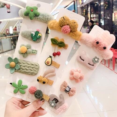 5/10Pcs/Set New Girls Cute Cartoon Fruit Flower Hair Clips Children Baby Knitting Plush Soft Hairpins Kids Hair Accessories