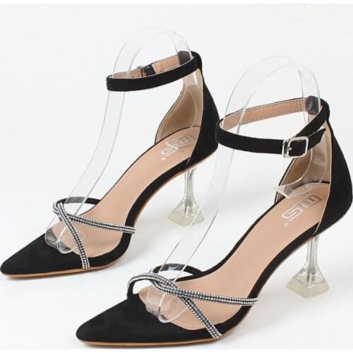 Women shoes 2021 summer pointed toe rhinestone decoration thin heel ankle strap sandals comfortable fashion high heels 7.5cm