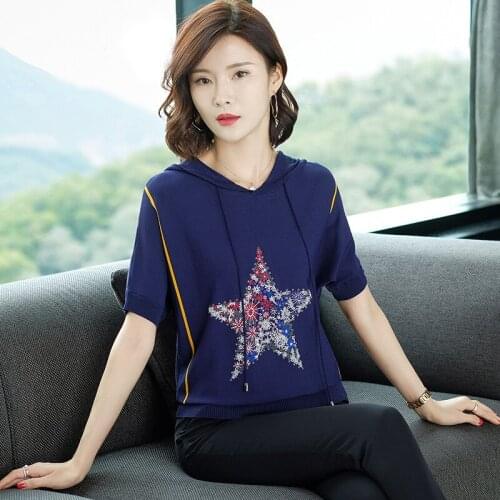 Summer New Hoodies Women Short Sleeve Loose Knitted Sweatshirt Female Printed Hooded Casual Fashion Large Size Sweatshirts H9278