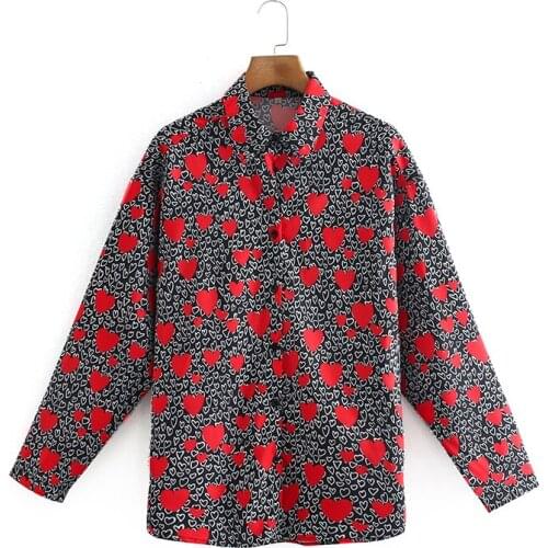 Ladies Long Sleeve Lapel Top Love Pattern Printed Blouse Casual Festival Celebration Shirt