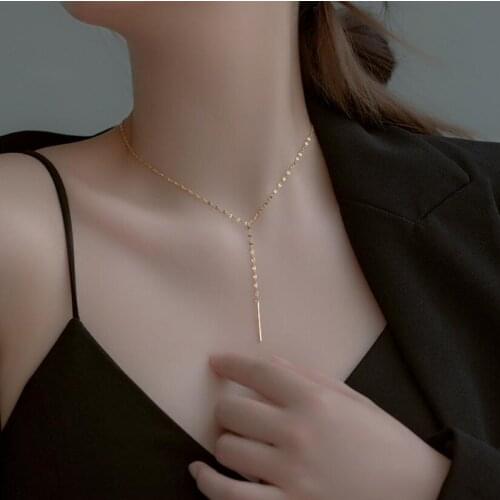 Genuine 925 Sterling Silver Minimalist V-shaped Long Chain Charm Necklace for Fashion Women Elegant Party Wedding Jewelry