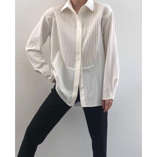 2021 New White 10.26 Women Temperament Elegant Pleated Design Casual Loose Blouse