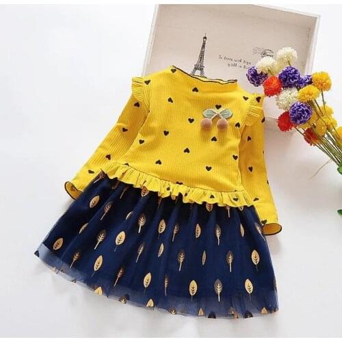 2021 Girls Long-Sleeved Dress New Autumn Childrens Dress Little Girl Baby Floral Dress Mesh Stitching Princess Dress