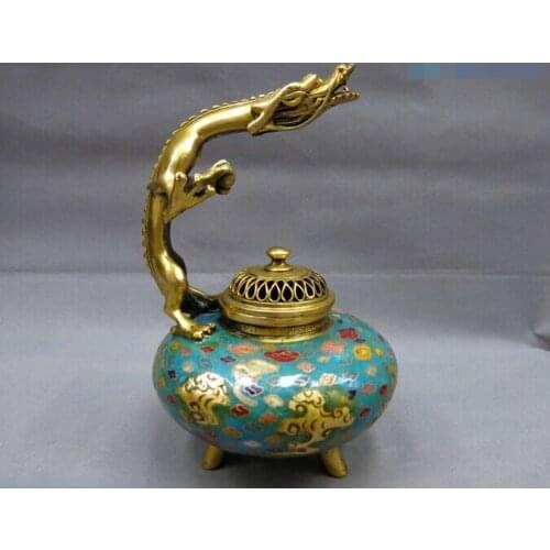 9" China bronze gild Cloisonne censer blue fly dragon incense burner Statue statues garden decoration