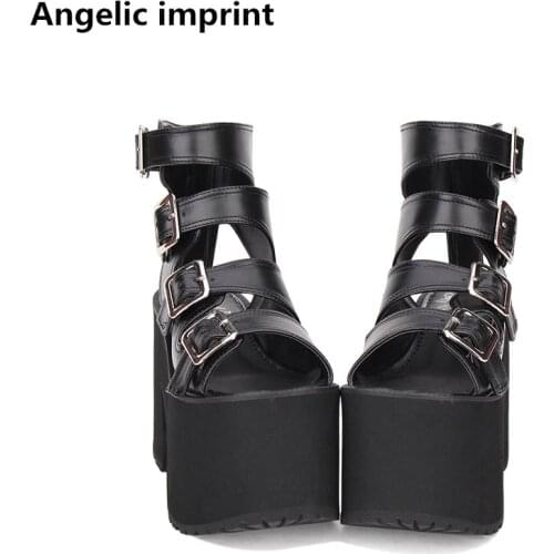 Angelic imprint mori girl Women punk motorcycle shoe lady lolita ankle Boots woman high trifle heels pumps summer sandals 33-47
