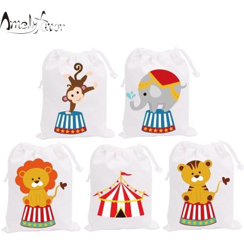 Circus Theme Party Favor Bags Pink Blue Candy Bags animals Gift Bags Event Birthday Baby Shower Party Container Supplies 5PCS