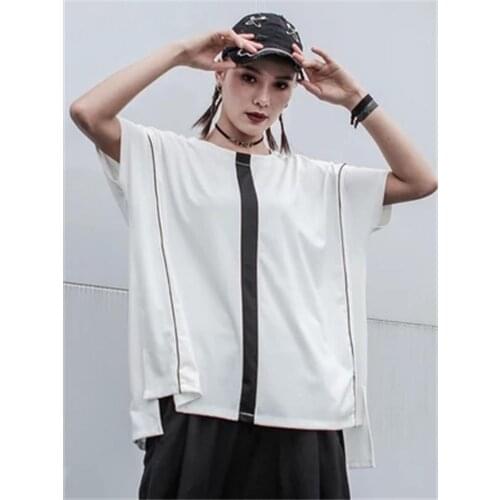 Large size thin section bat sleeve t-shirt new womens casual irregular split fat MM Stitching Fashion Brand T