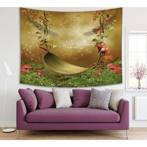 Tapestry Fantasy Fairy Garden with Leaf Swing Butterflies Mushrooms Stars Foggy Mystic Jungle Nature Art Green Brown Red