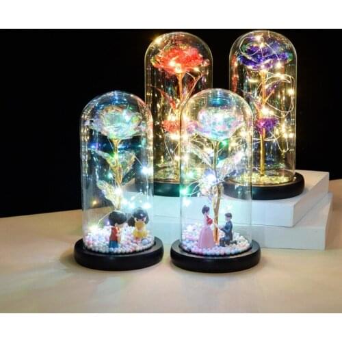 Galaxy Rose Flower Gift Infinity Rose in Glass Dome with Led Light String on The Crystal Rose Unique Gifts for Valentines Day