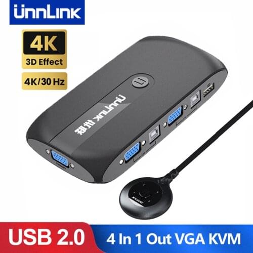 Unnlink 4X1 VGA KVM Switch Box Selector with Extender 4 Ports USB 2.0 Sharing monitor mouse keyboard for 4 Computer Laptops PCs