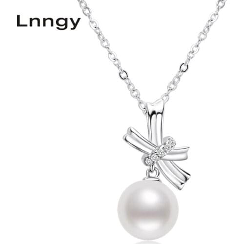 Lnngy 925 Sterling Silver Chain Necklace 7.5-8mm Genuine Freshwater Pearl Pendant Necklace for Women with 18" Chain Elegant gift