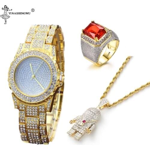 Men Hip Hop Iced Out Gold Zircon Watch & Ring & Astronaut Spaceman Pendant Combo Set Jewelry Gift Relogio Masculino
