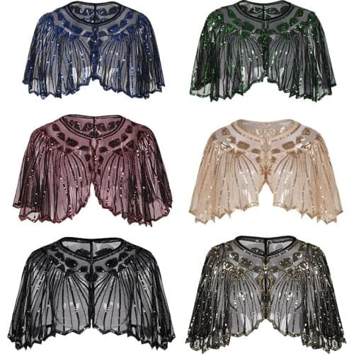 Vintage 1920s Party Cape Beaded Shawl Black Sequins Cover Up Bolero Glitter Evening Wear Stage Performance