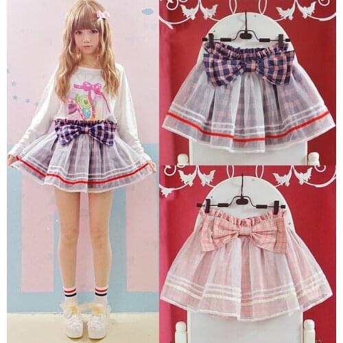 Super Cute Girls Summer Double Layers Big Bow Mini Skirt Guaze Outer Lolita Plaid Checks Skirt