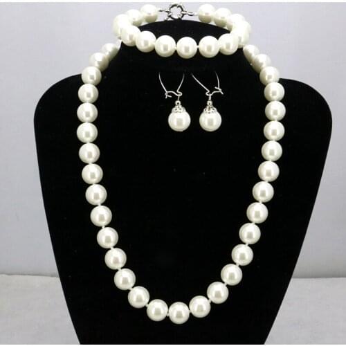 Charming!White glass pearl necklace set 12mm necklace 18"bracelet 7.5" earring women jewelry making design wholesale and retail