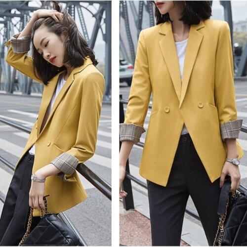 2021 Autumn Fashion Professional Womens Blazers And Coat Yellow Notched Formal Double Breasted Women Suit Business Work
