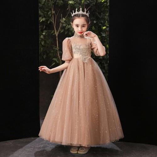 Luxury Flower Girls Dresses Princess Elegant Lace Sequined Ball Gown Tiered Floor-Length Beading Embroidery Kid Party Dress D238
