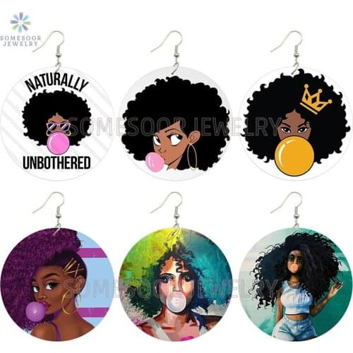 SOMESOOR Printed Amazing Naturally Black Hair Arts Wooden Drop Earrings Bubble Gum Afro Girls Designs Jewelry For Women Gifts