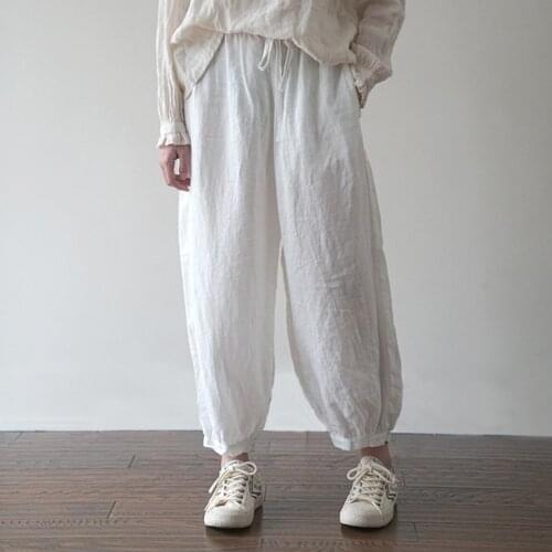 Johnature Women Linen Pants Solid Color Belt Vintage Loose Casual Make Old Trousers 2021 Summer New Simple Comfortable Pants