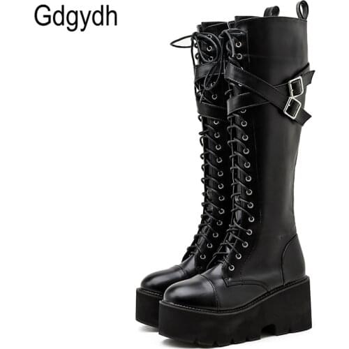 Gdgydh Fashion Women Boots Cross Strap PU Leather Autumn Winter Knee High Boots Ladies Thick Sole Platform Shoes Punk Gothic