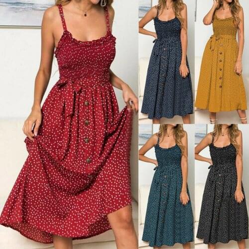 Women Summer Ruffles Polkas Dot Dress Ladies Beach Casual Sleeveless Midi Sundress -OPK