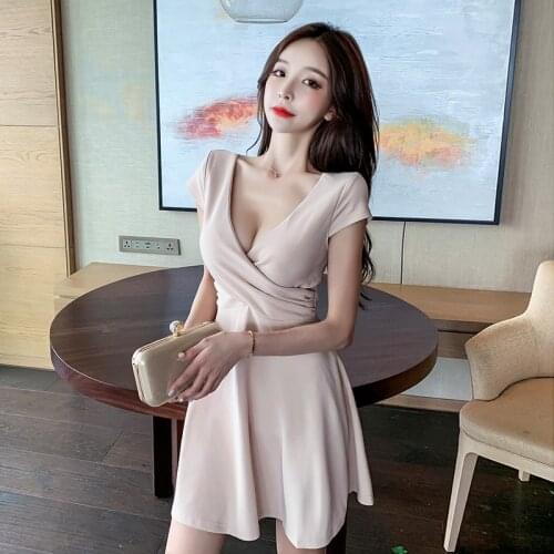 Summer 2020 new sexy deep v waist cover belly dress topless Sleeveless Office Lady Polyester Sheath Solid