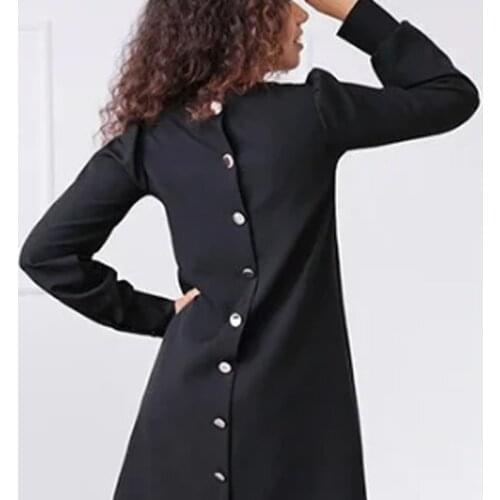 Women Elegant Casual Loose Mini Dress Solid Color Back Buttons Autumn Spring Fashion Dress Long Sleeve O-neck Office Lady Dress