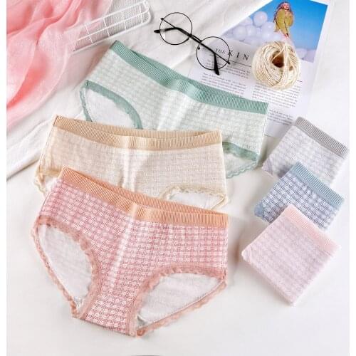 1PC Plaid Womens Underwear Japanese Printed Sweet Lace Sexy Pants Head Pure Cotton Crotch Female Student Briefs
