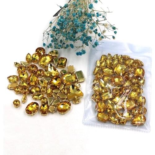 Clothing accessories mixed shape Golden yellow glass crystal sewing rhinestones with gold base for dress/garment/shoes