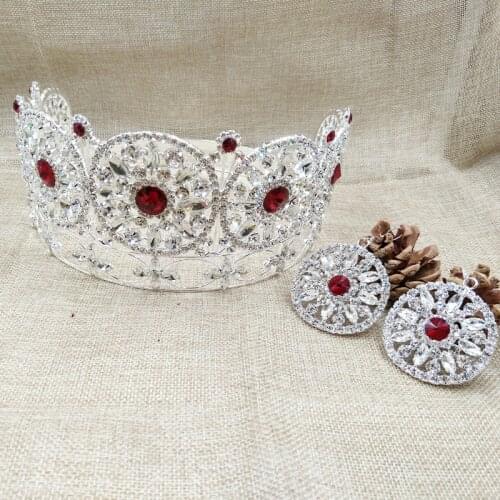 Large noble red full crown pageant miss world rhinestone round full tiara crown + earring matching in pink/red/white color