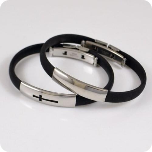 2x Mix Style Black Silicone Bracelet Cross Stainless Steel Butterfly Buckle Wristband Christian Fashion jewelry