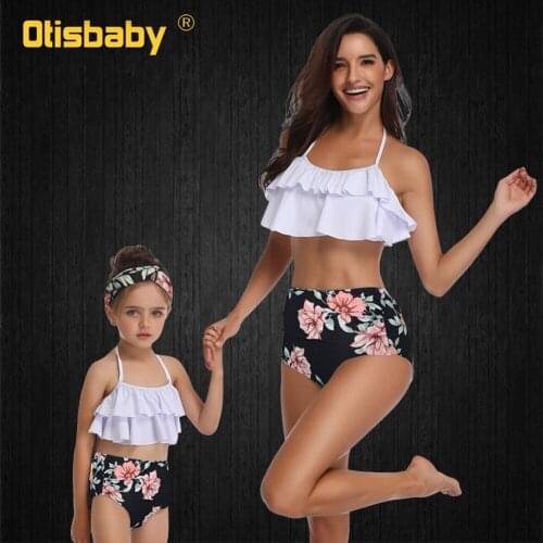 Childrens Womens Swimsuit for Girls and Mom Vintage Floral Lotus Leaf Mother Daughter Matching Swimwear and Swimming Trunks
