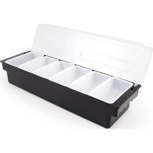 Bar Top Food & Condiment Dispenser - 6 Tray Plastic Garnish Station with Lid for Bartending & Serving Taco, Ice Cream, Fruit