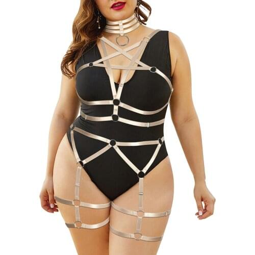 Full Body Harness Exotic Costume 2Pc Sexy Lingerie Sets Goth Plus Size Hollow Bra Plump Women Punk Accessories Fetish Erotic