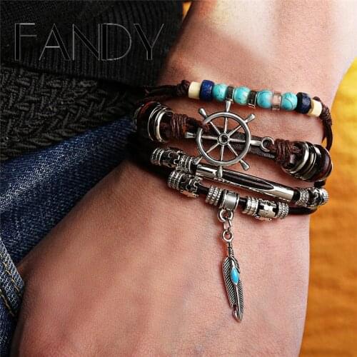 IF ME Boho Adjustable Rope Bead Multilayer Leather Bracelet Set for Women Male Charms Feather Leaf Bracelet Bangles Jewelry New
