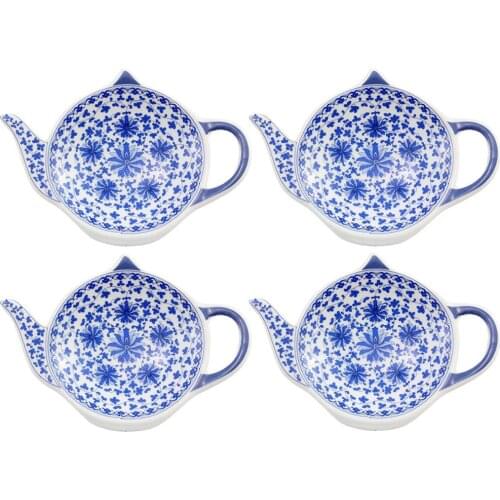 Ceramic Teabag Holder with blue color pattern and Teapot-shape, dish for tea bag and filter
