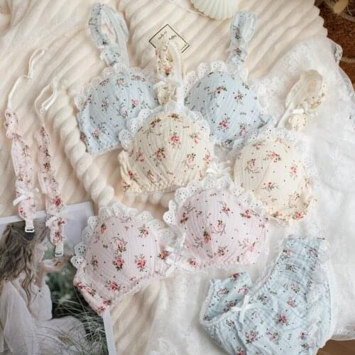 Cute Sweet Floral Printing Bra & Panties Set Cotton Wirefree Soft Underwear Lace Trim Sleep Intimates Set Kawaii Lolita