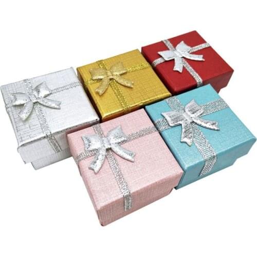 1Pc Bow Knot Gift Boxes Solid Color Square Mini Size Jewelry Ring Cardboard Present Case Holder