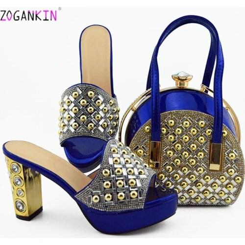 Royal Blue Summer Style Slippers And Matching Bag Set Fashion 10CM High Heels Shoes And Bag Set For Wedding On Sale