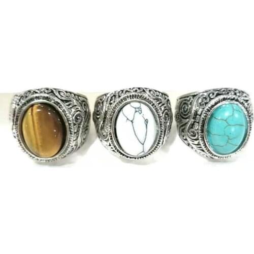 Trendy Silver Plated Oval Shape Green Turquoises Finger Ring for Gift Tiger Eye Stone Jewelry